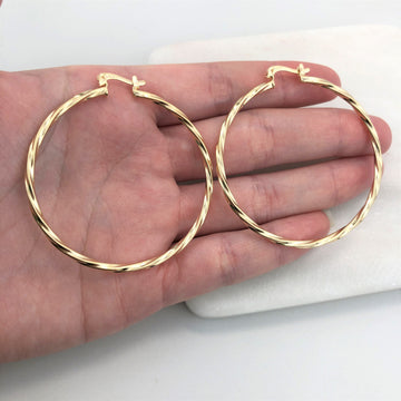 18K Gold Layered Oro Laminado 50 mm Double Texturized Twisted Hoops Wholesale 21.0241